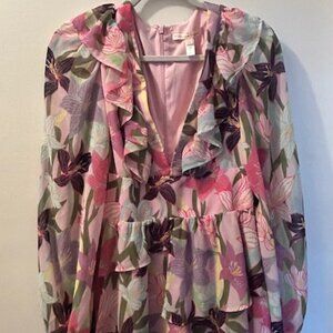 Anthropologie Hutch Pink Floral Printed Ruffled Lined in Lush Pink Mini Dress